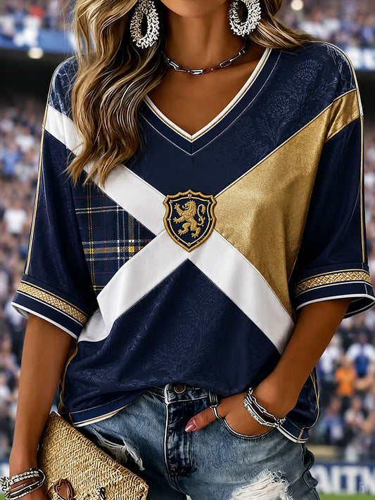 Women's Scottish Football Pattern Linen V-Neck Shirt