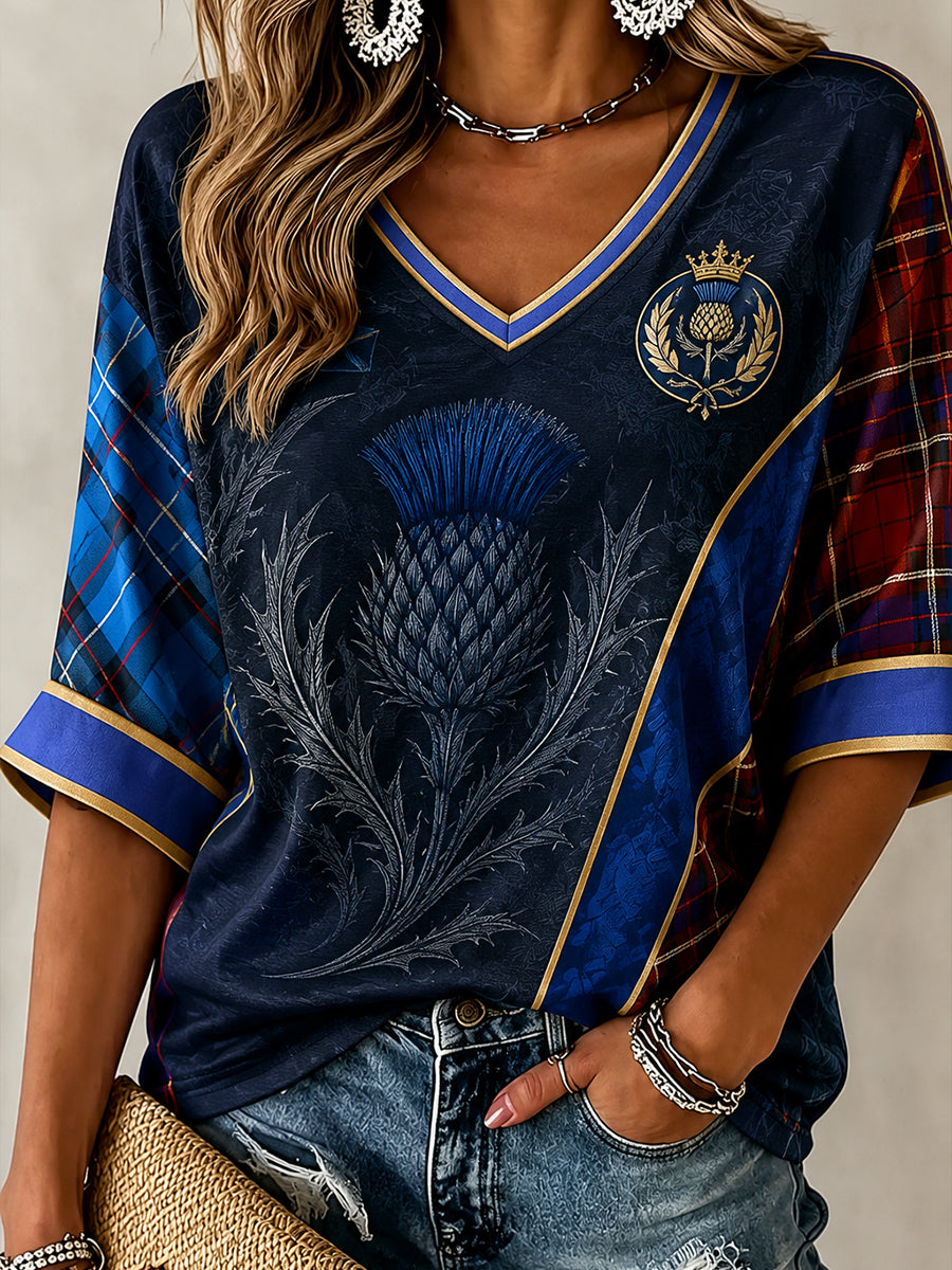 Women's Scotland Football Pattern Linen V-Neck Shirt