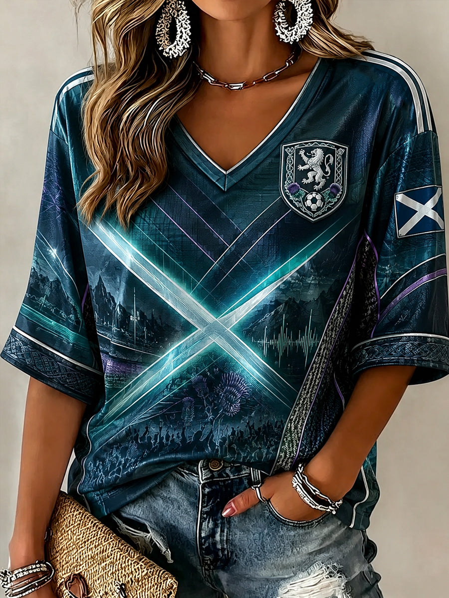 Women's Scotland Football Pattern Linen V-Neck Shirt