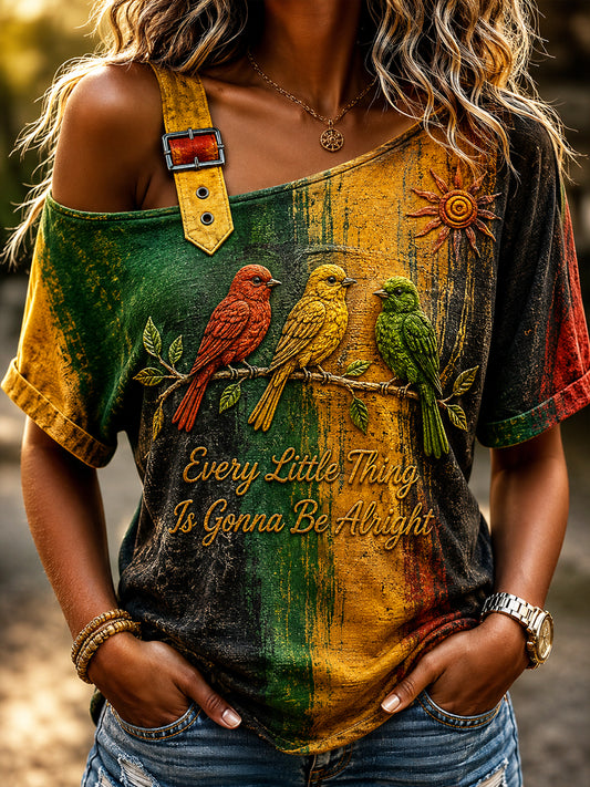 Women's Retro Reggae Abstract Art Off-the-Shoulder T-Shirt