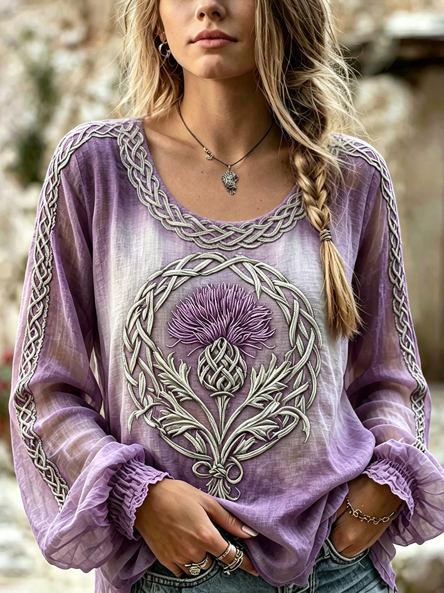 Women's Classy Viking Celtic Scottish Thistle Print Cotton-Linen Shirt