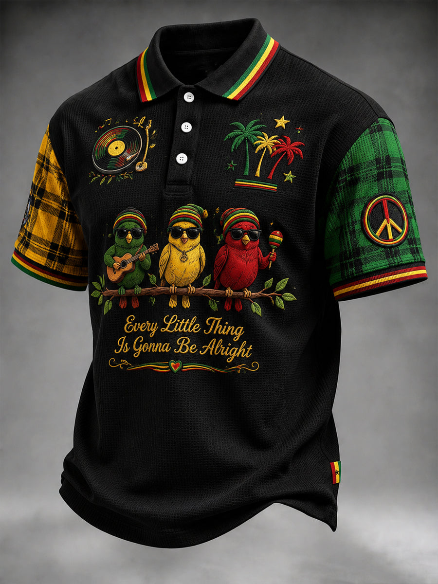 Men's Retro Reggae Checkered Patchwork Casual Waffle-Weave Polo Shirt