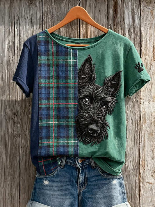 Women's Peeking Scottish Terrier Dog Scotland Plaid Colorblock Print short-sleeved T-shirt