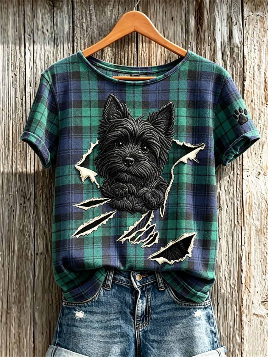 Women's Peeking Scottish Terrier Dog from Torn Crack Scotland Plaid Print short-sleeved T-shirt