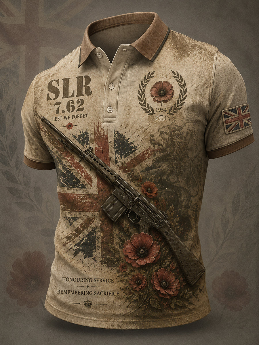 Men's Retro Veteran Weapon Print Short-Sleeve Polo Shirt