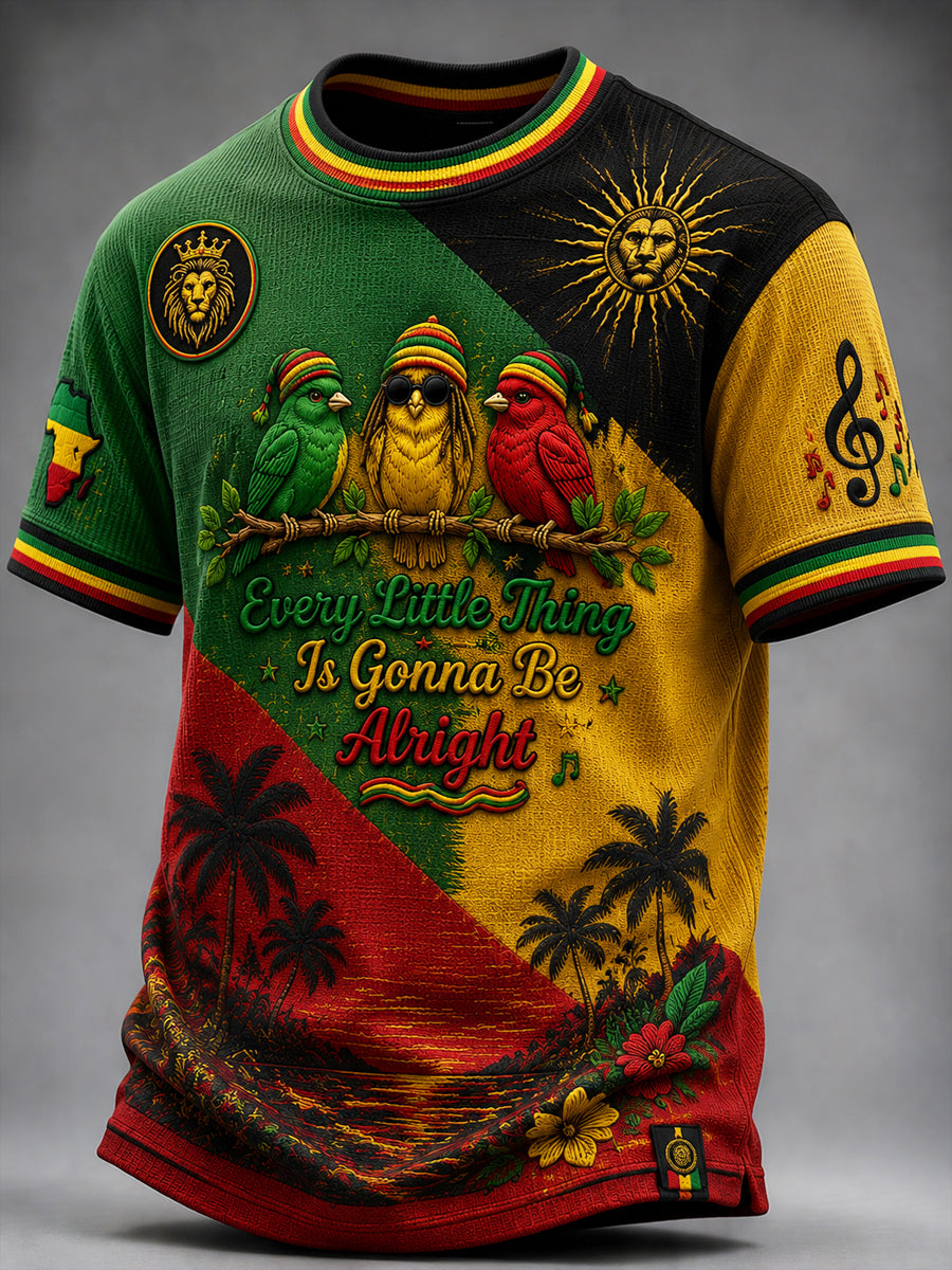 Retro Reggae-Inspired Patchwork Casual Waffle-Weave T-Shirt
