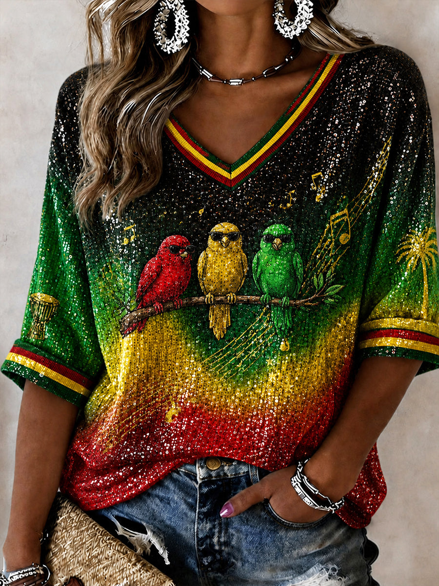 Women's Retro Reggae Art Gradient Casual V-Neck T-Shirt