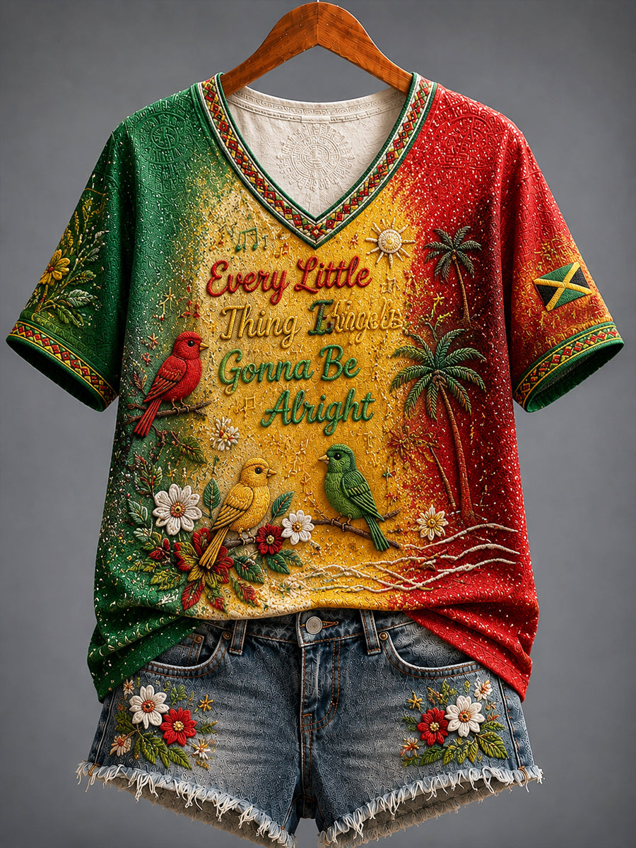 Retro Reggae Art Gradient Casual V-Neck T-Shirt