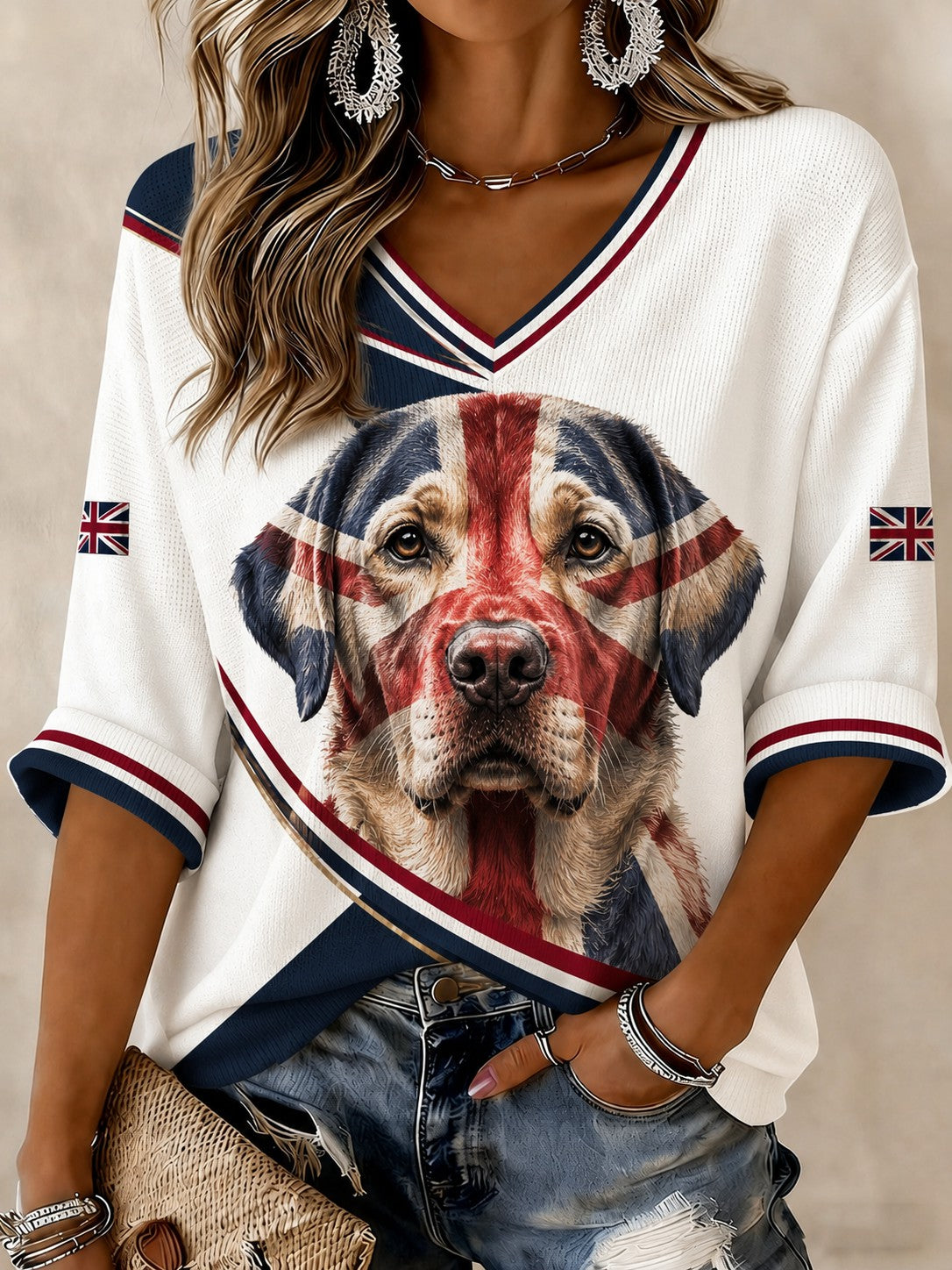 Women's British Labrador Printed Mid-length Sleeves V-neck T-shirt
