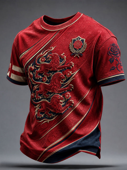 Men's England Football Lover Lions Roses Art Printed T-shirt