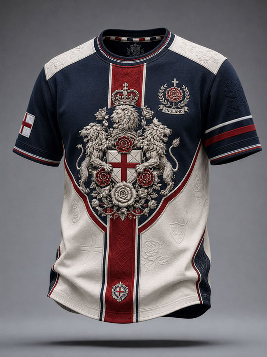 Men's England Football Lover Lions Roses Art Printed T-shirt