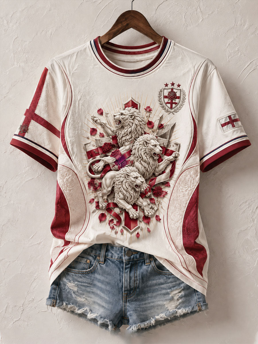 Women's England Football Lover Lions Roses Art Printed T-shirt