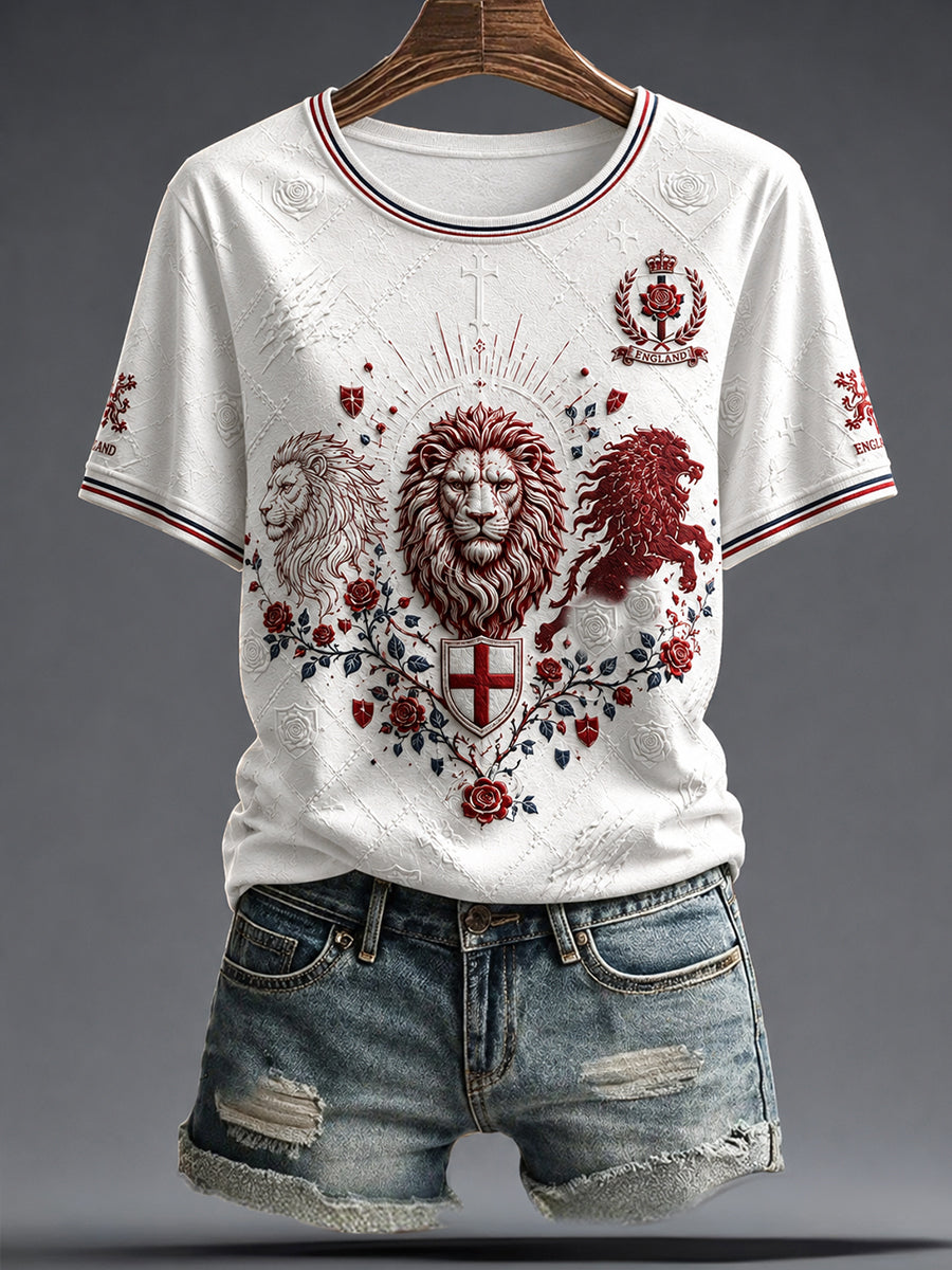 Women's England Football Lover Lions Roses Art Printed T-shirt