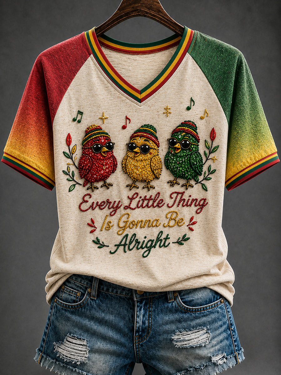 Retro Reggae Patchwork Gradient Casual V-Neck T-Shirt