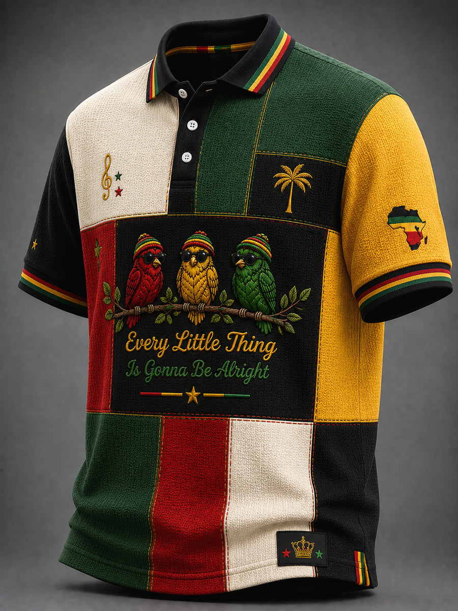 Retro Reggae Business-Casual Patchwork Waffle-Weave Polo Shirt