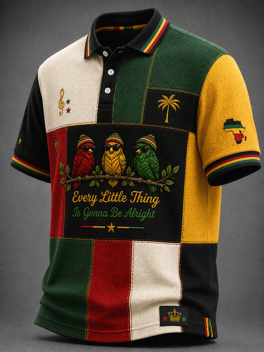 Retro Reggae Business-Casual Patchwork Waffle-Weave Polo Shirt