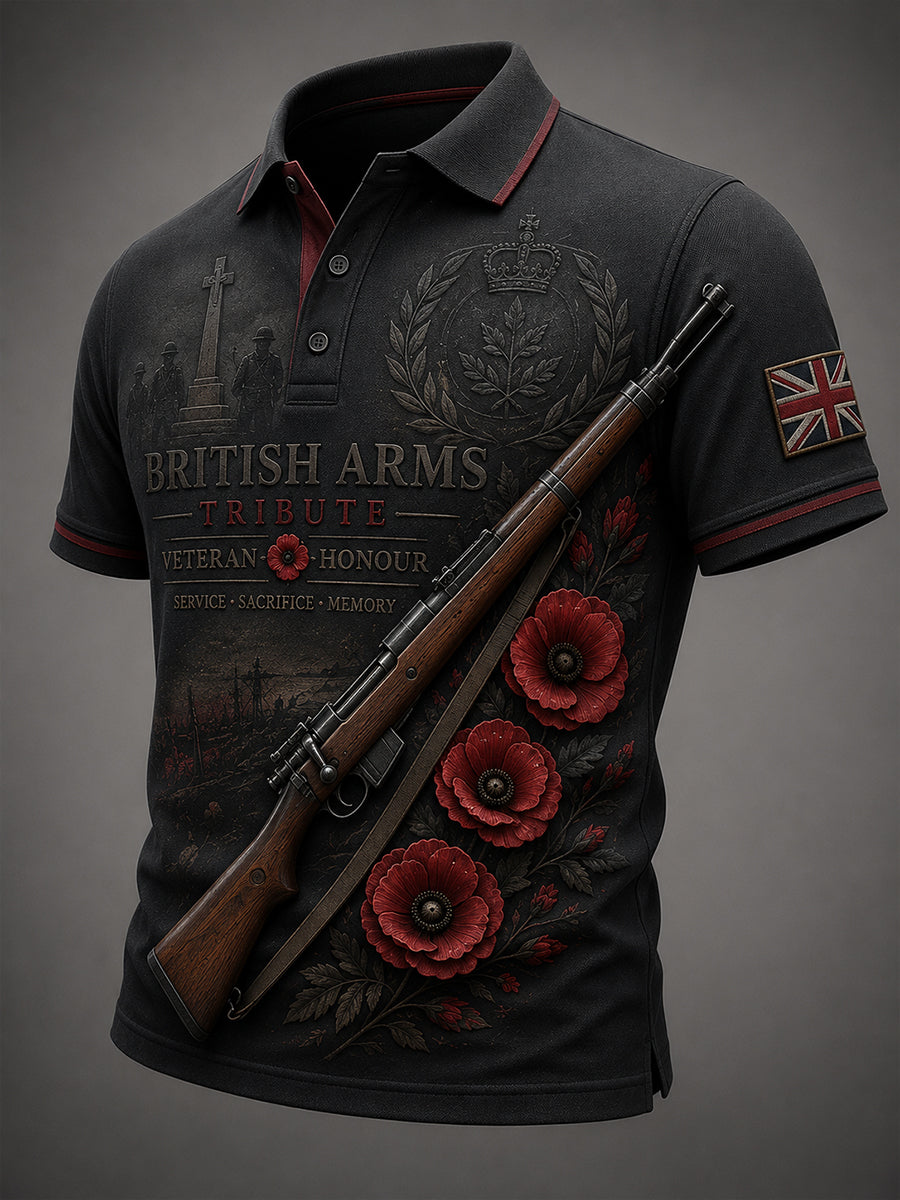 Men's Vintage Military-Style Graphic Short-Sleeve Polo Shirt