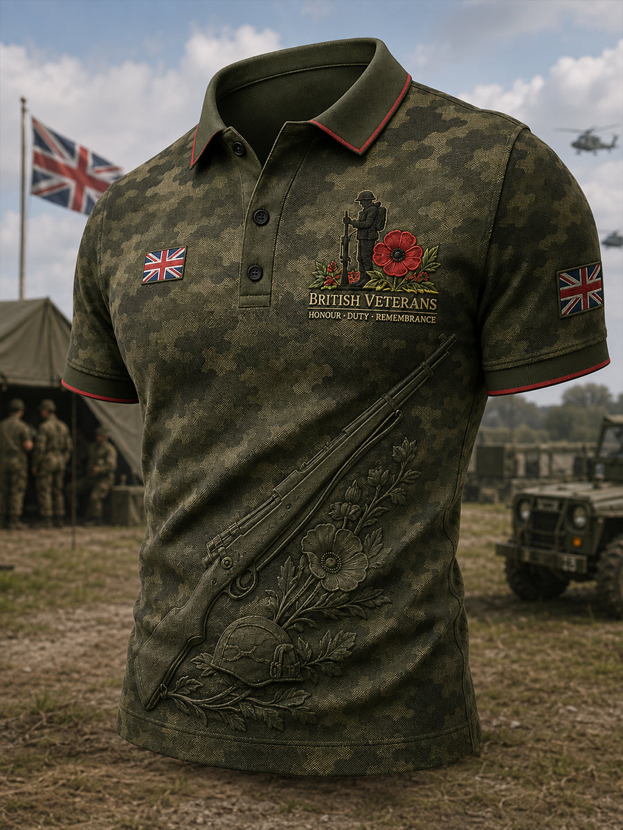 Men's Vintage Military-Style Graphic Short-Sleeve Polo Shirt
