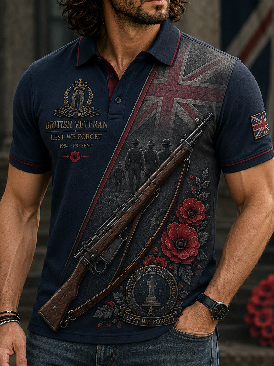 Men's Short-Sleeve Polo Shirt With Veteran-Themed Camouflage Print