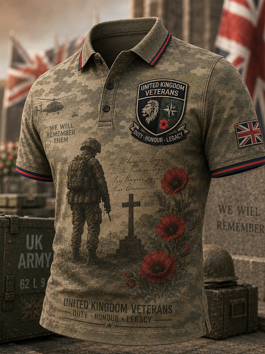 Men's Vintage-Style Short-Sleeve Polo Shirt With Veteran Commemorative Camouflage Print