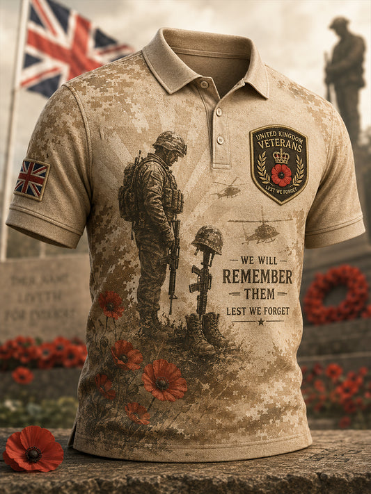 Men's Vintage-Style Short-Sleeve Polo Shirt With Veteran Commemorative Camouflage Print