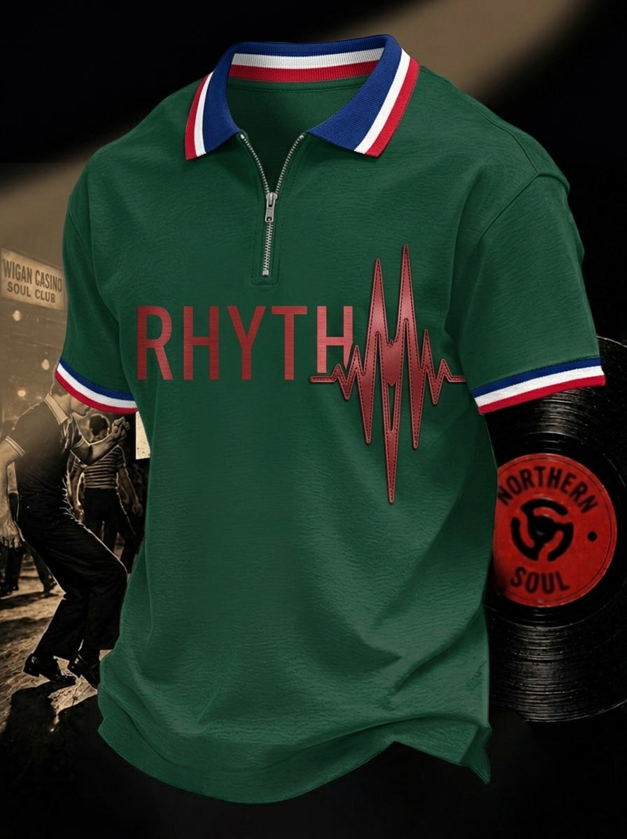 Men's Retro Northern Soul Print Casual Zipper Polo Shirts