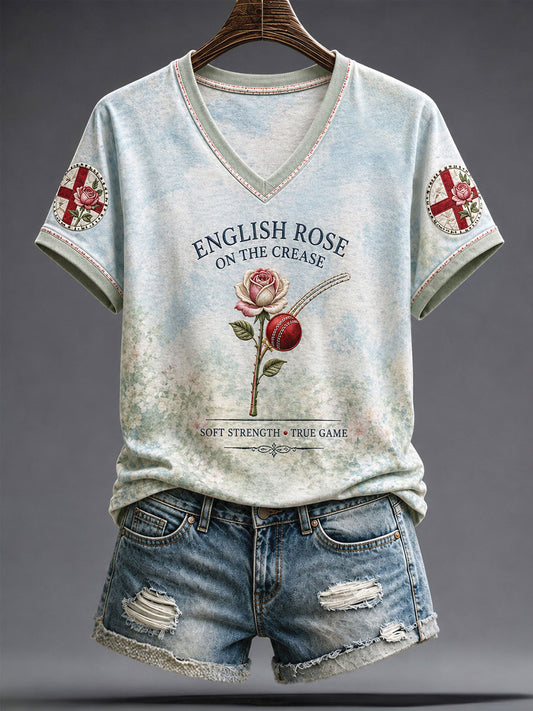 Women's England Cricket Lover Roses Art Printed T-shirt