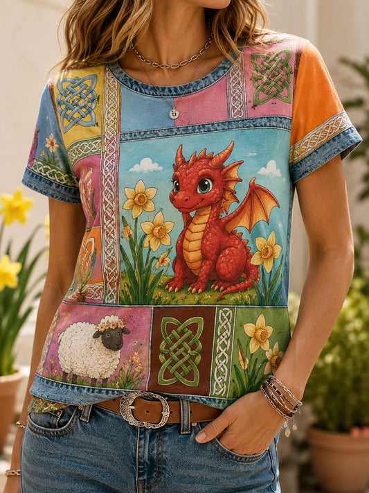 Women's Welsh Cultural Element Commemorative Art Print T-Shirt