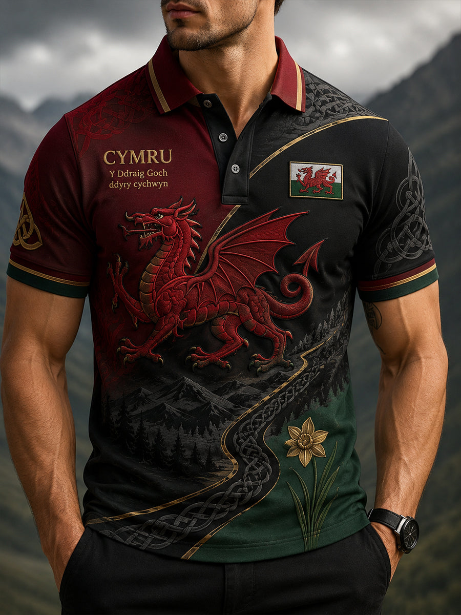 Men's Welsh Cultural Element Commemorative Art Print Polo