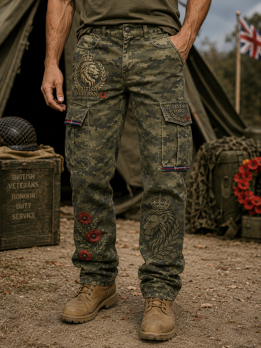 Men's Veteran-Themed Print Long Cargo Pants