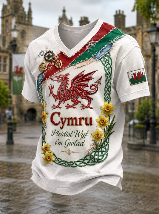Men's Welsh Cultural Commemorative Element Art Print V-Neck T-Shirt