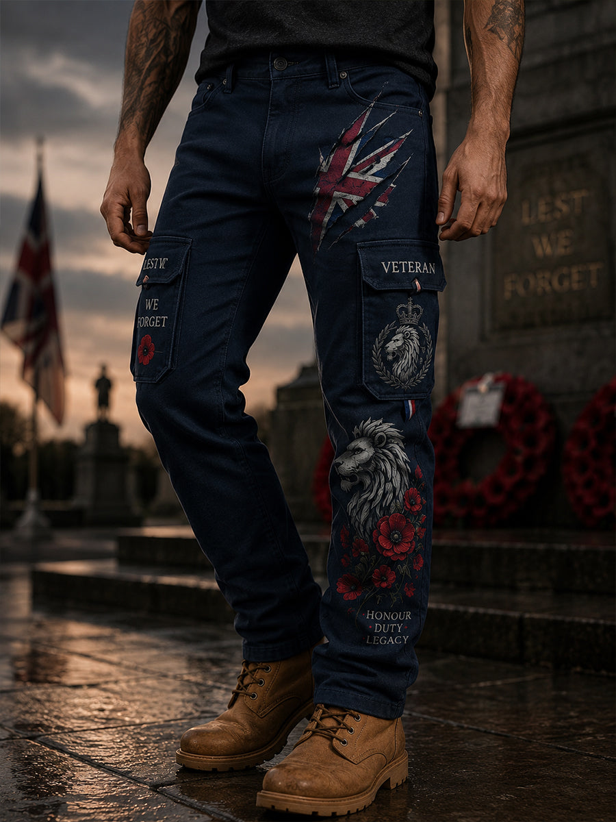Men's Vintage-Style Cargo Pants With Veteran Commemorative Print