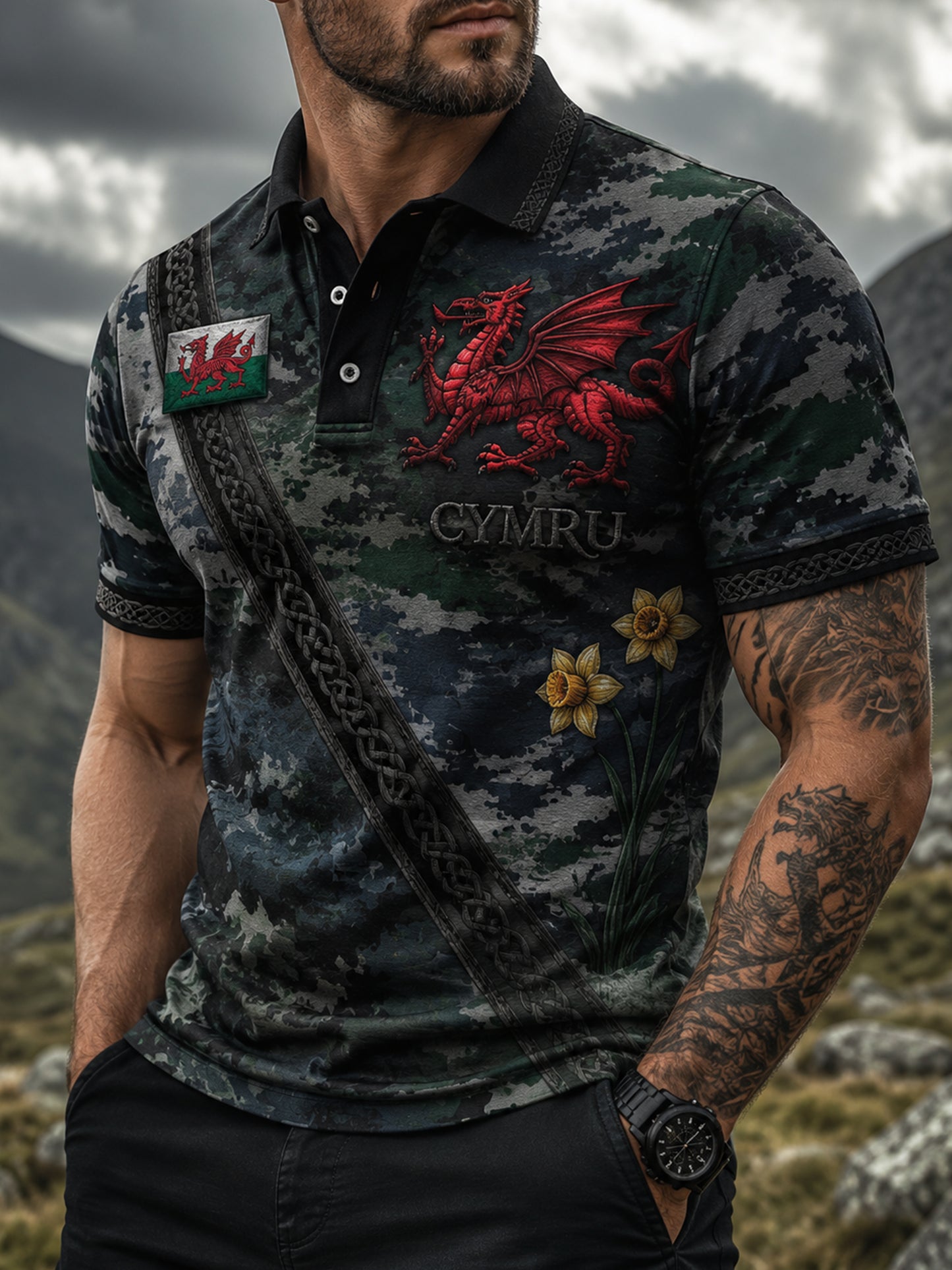 Men's Welsh Cultural Element Art Print Polo