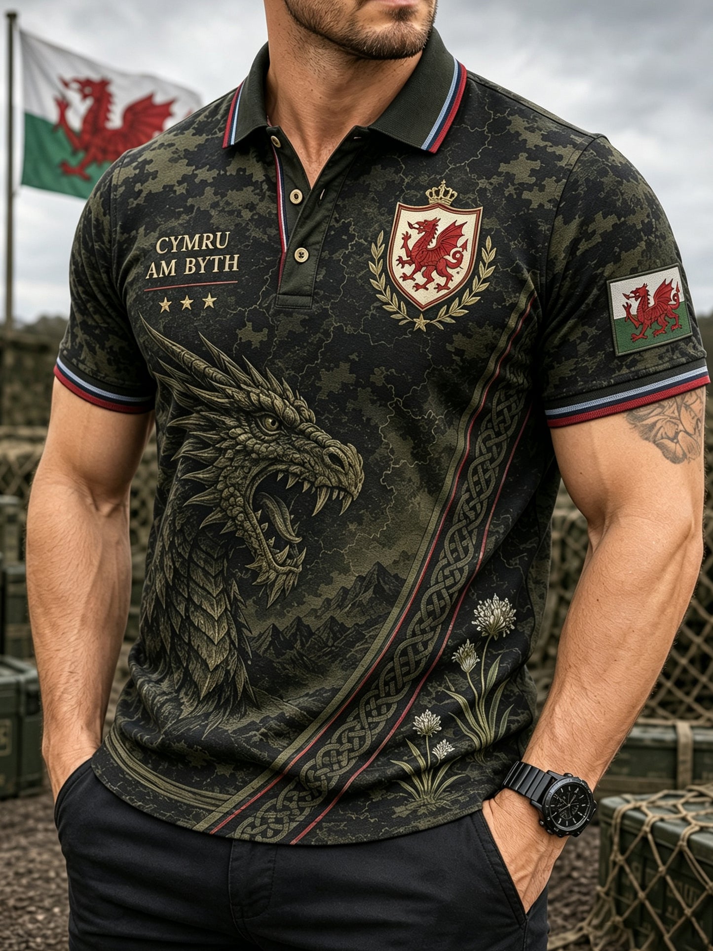 Men's Welsh Cultural Element Art Print Polo