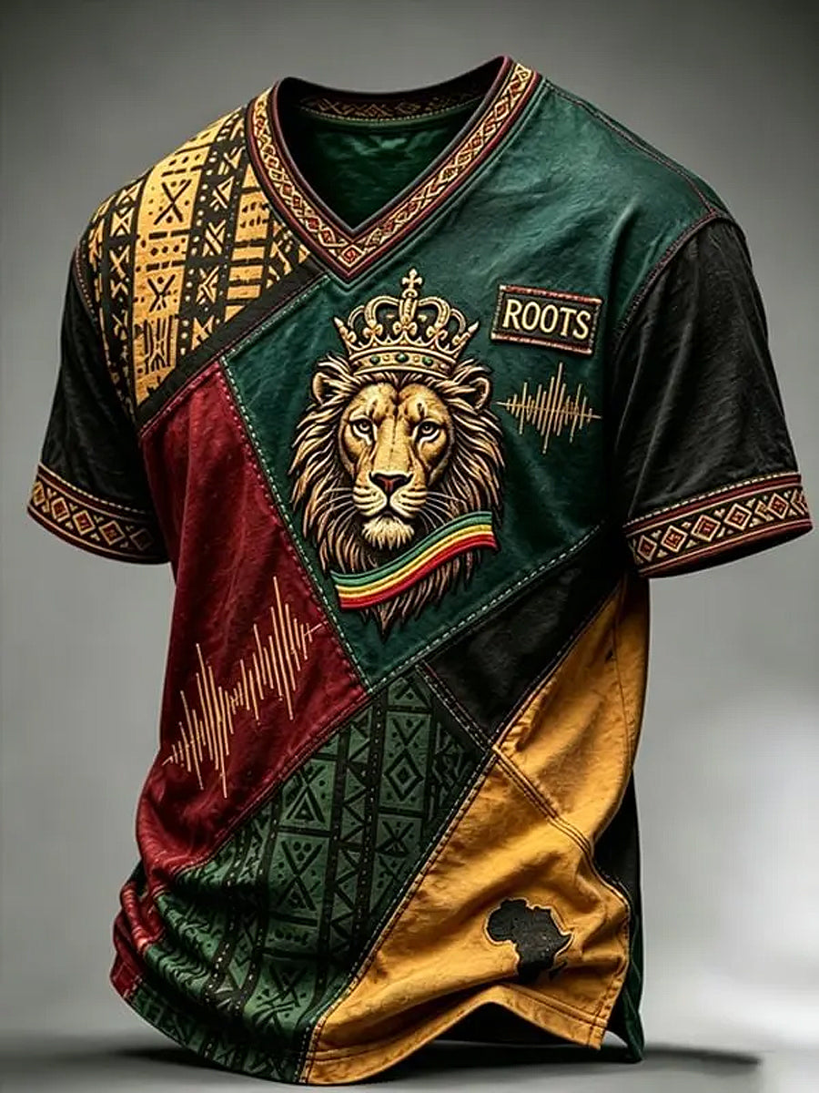 Retro Reggae Print Casual V-Neck T-Shirt