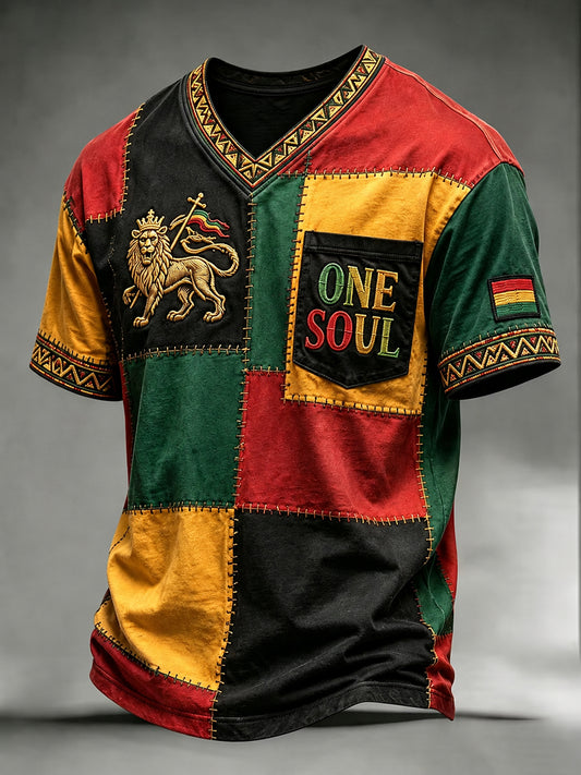 Patchwork Casual T-Shirt for Retro Reggae Music Fans