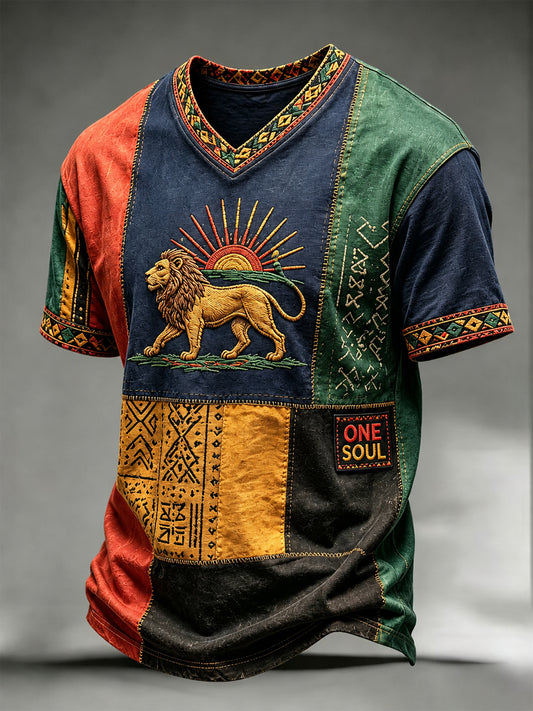 Retro Reggae Lion Patchwork Casual T-Shirt