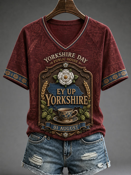 Women's Yorkshire England V-Neck Off-Shoulder Short-Sleeved T-Shirt