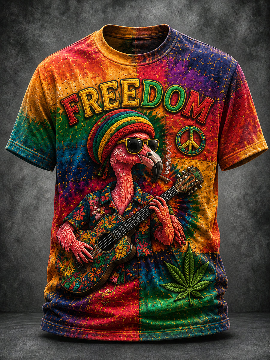 Retro Reggae Music Flamingo Playing Guitar Art T-Shirt