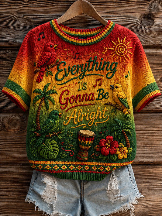 Retro Reggae “Three Little Birds” Gradient Casual T-Shirt