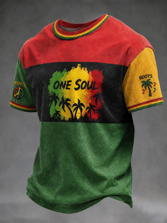 Retro Reggae-Style ONE SOUL Palm Tree Patchwork T-Shirt