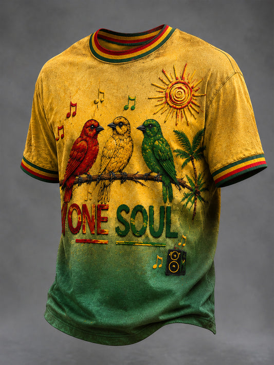 Retro Reggae “Three Little Birds” Gradient Casual T-Shirt