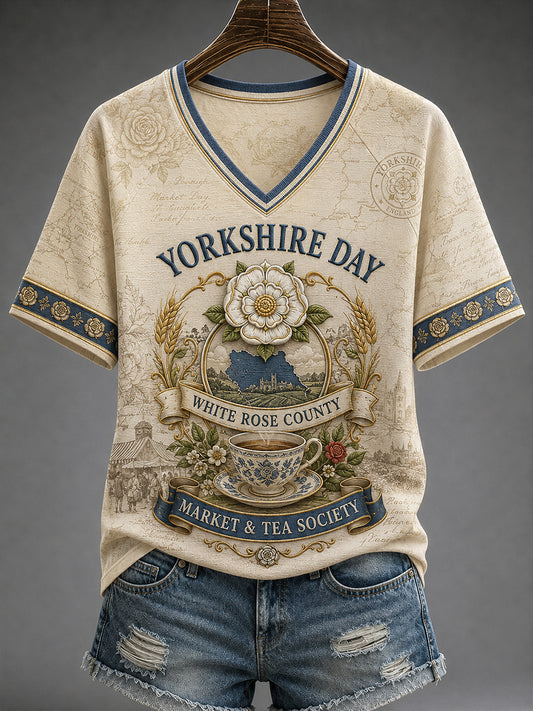 Women's England Yorkshire Day V-Neck Off-Shoulder Short-Sleeved T-Shirt