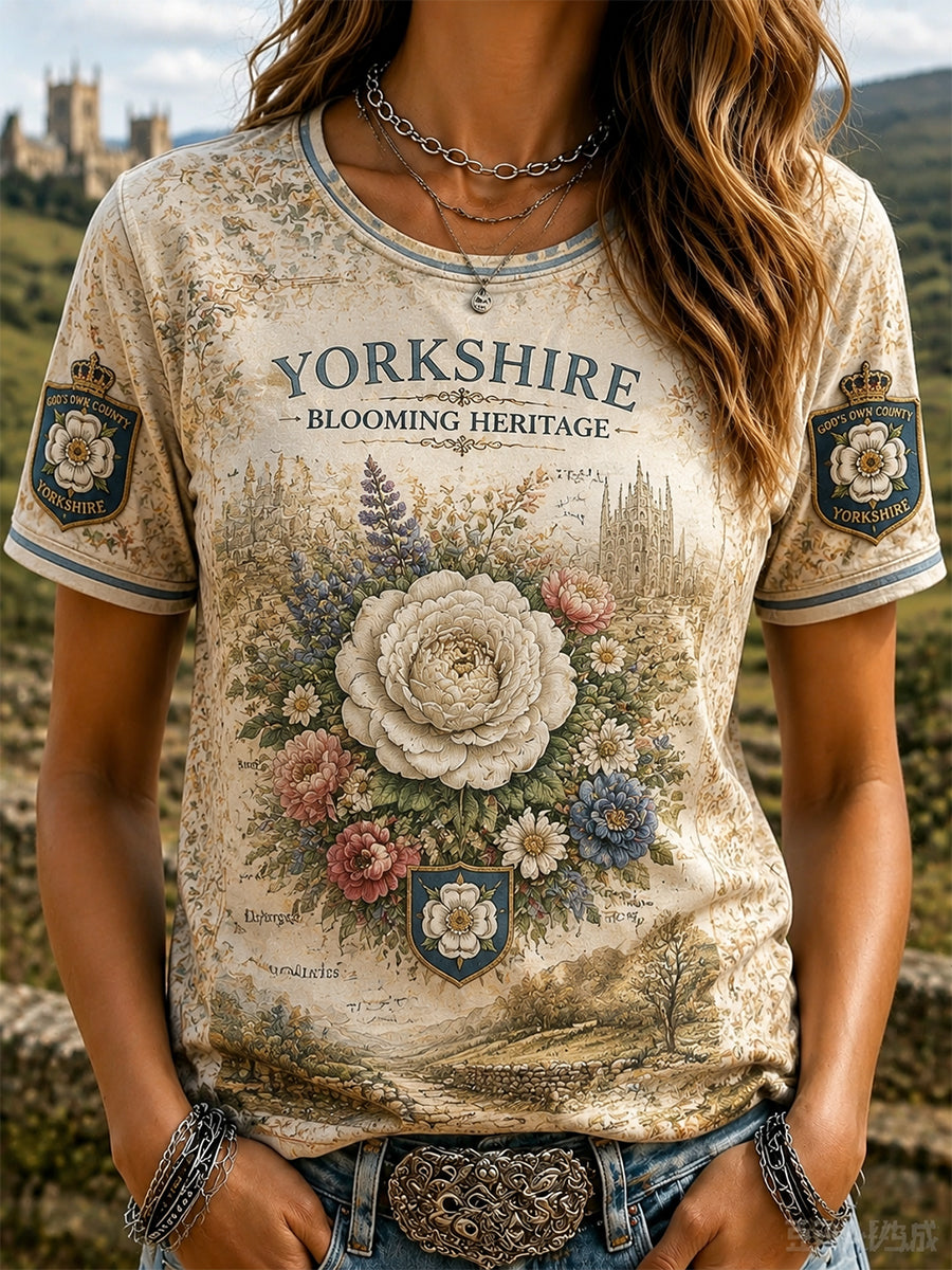 Women's England Yorkshire Day White Roses Art Printed T-shirt