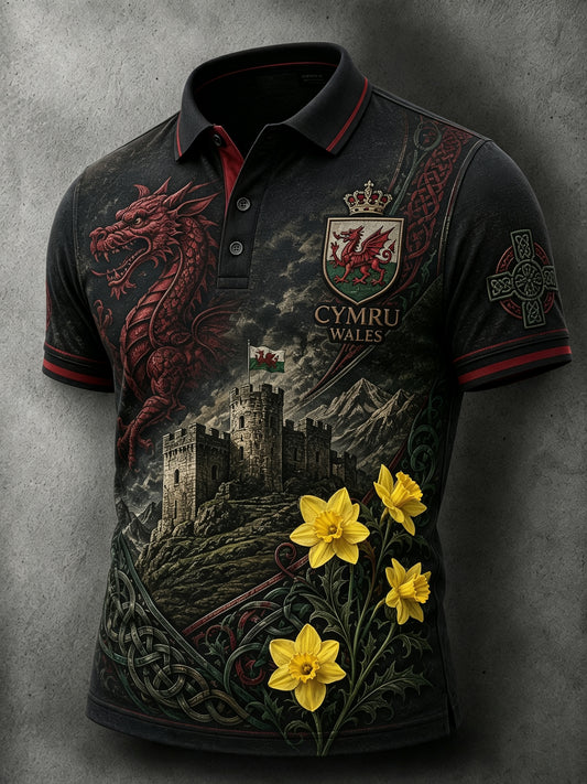 Men's Welsh Red Dragon Cultural Elements Art Print Polo