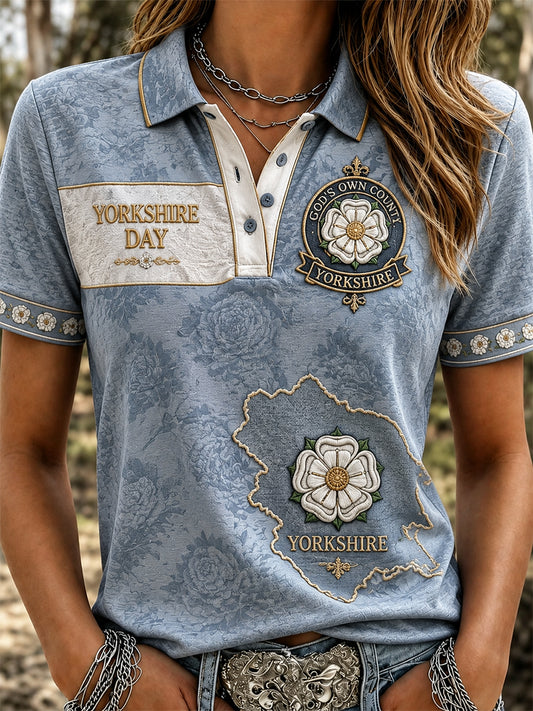 Women's England Yorkshire Day White Roses Art Printed  Polo Shirt