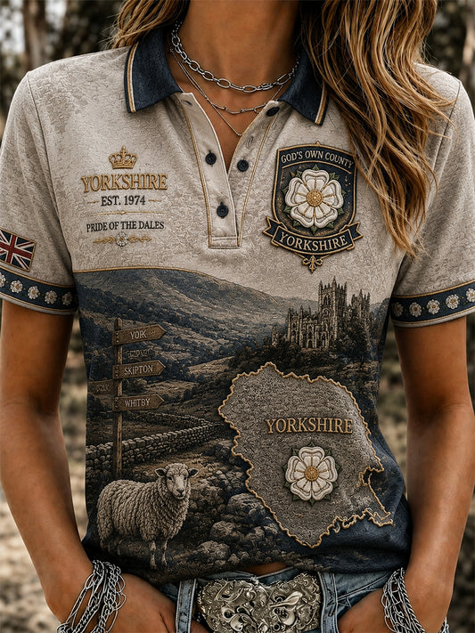 Women's England Yorkshire Day White Roses Art Printed  Polo Shirt