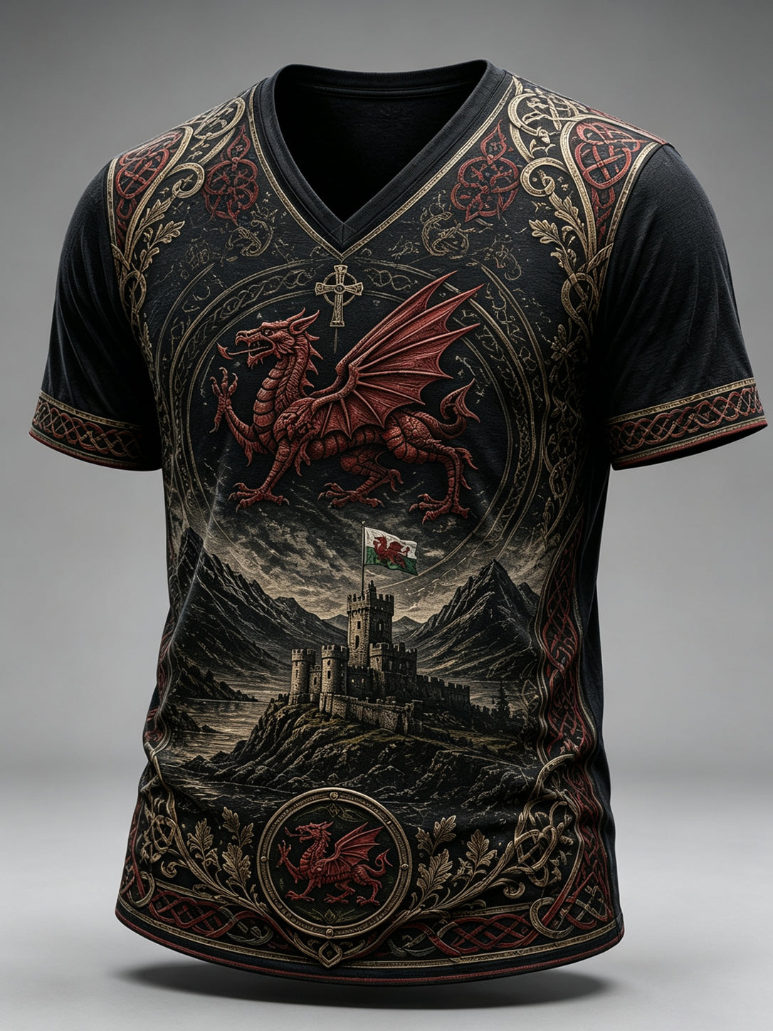 Men's Welsh Red Dragon Cultural Elements Art Print T-Shirt