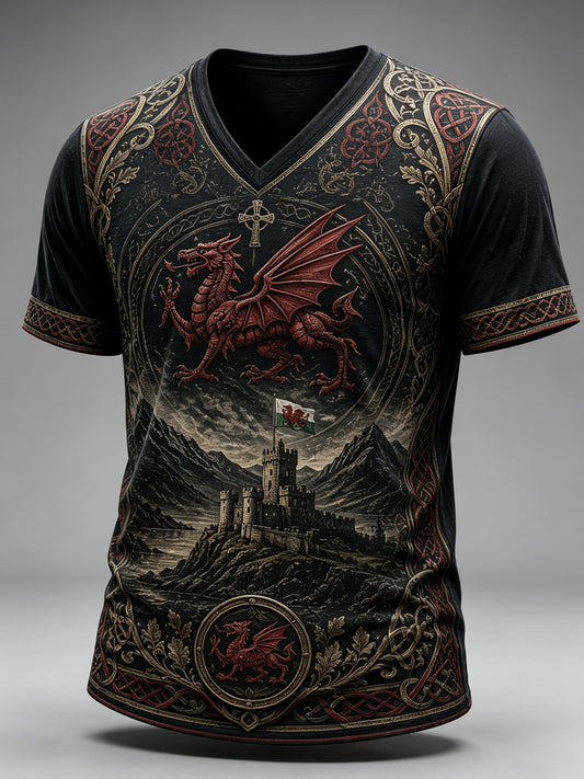 Men's Welsh Red Dragon Cultural Elements Art Print T-Shirt