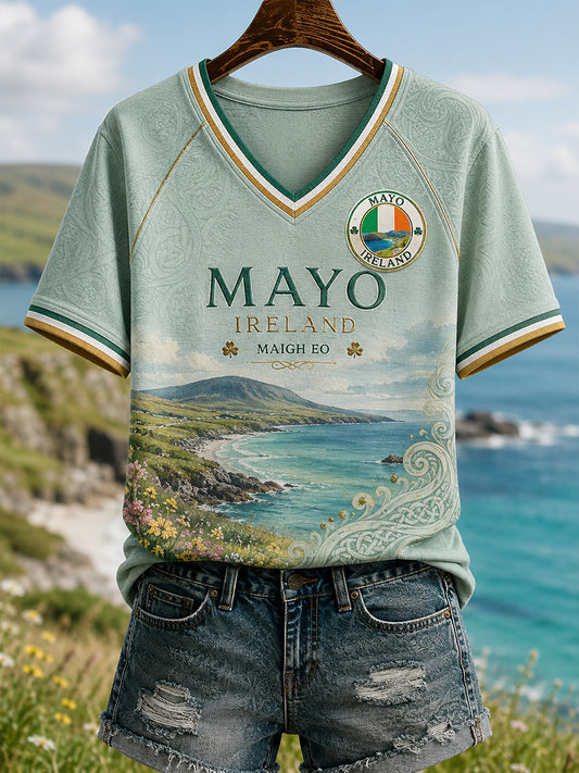 Women's County Mayo V-Neck Off-Shoulder Short-Sleeved T-Shirt